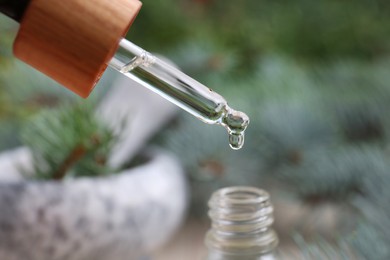 Photo of Dripping pine essential oil into bottle, closeup