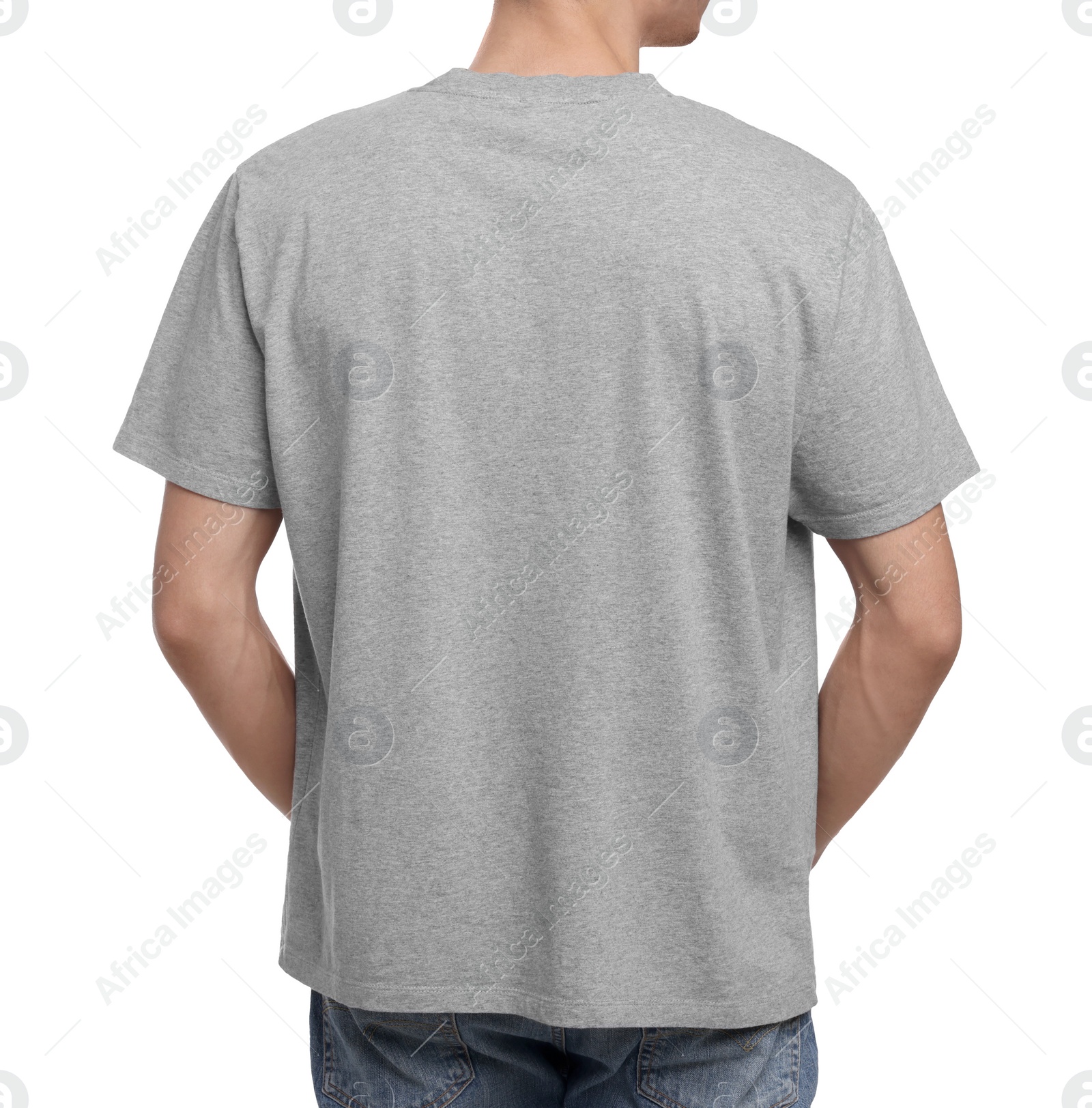 Photo of Young man wearing grey t-shirt on white background, back view