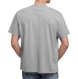 Photo of Young man wearing grey t-shirt on white background, back view