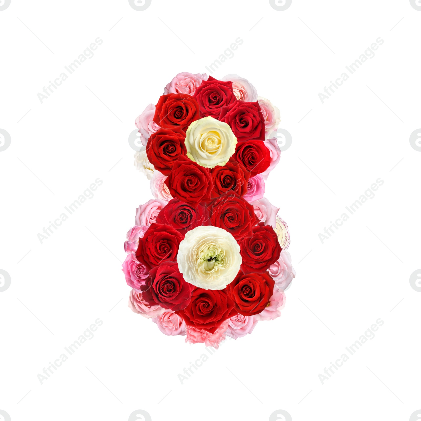 Image of International Women's Day - March 8. Card design with number 8 of bright flowers on white background