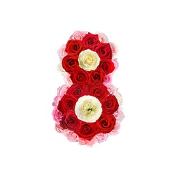 Image of International Women's Day - March 8. Card design with number 8 of bright flowers on white background