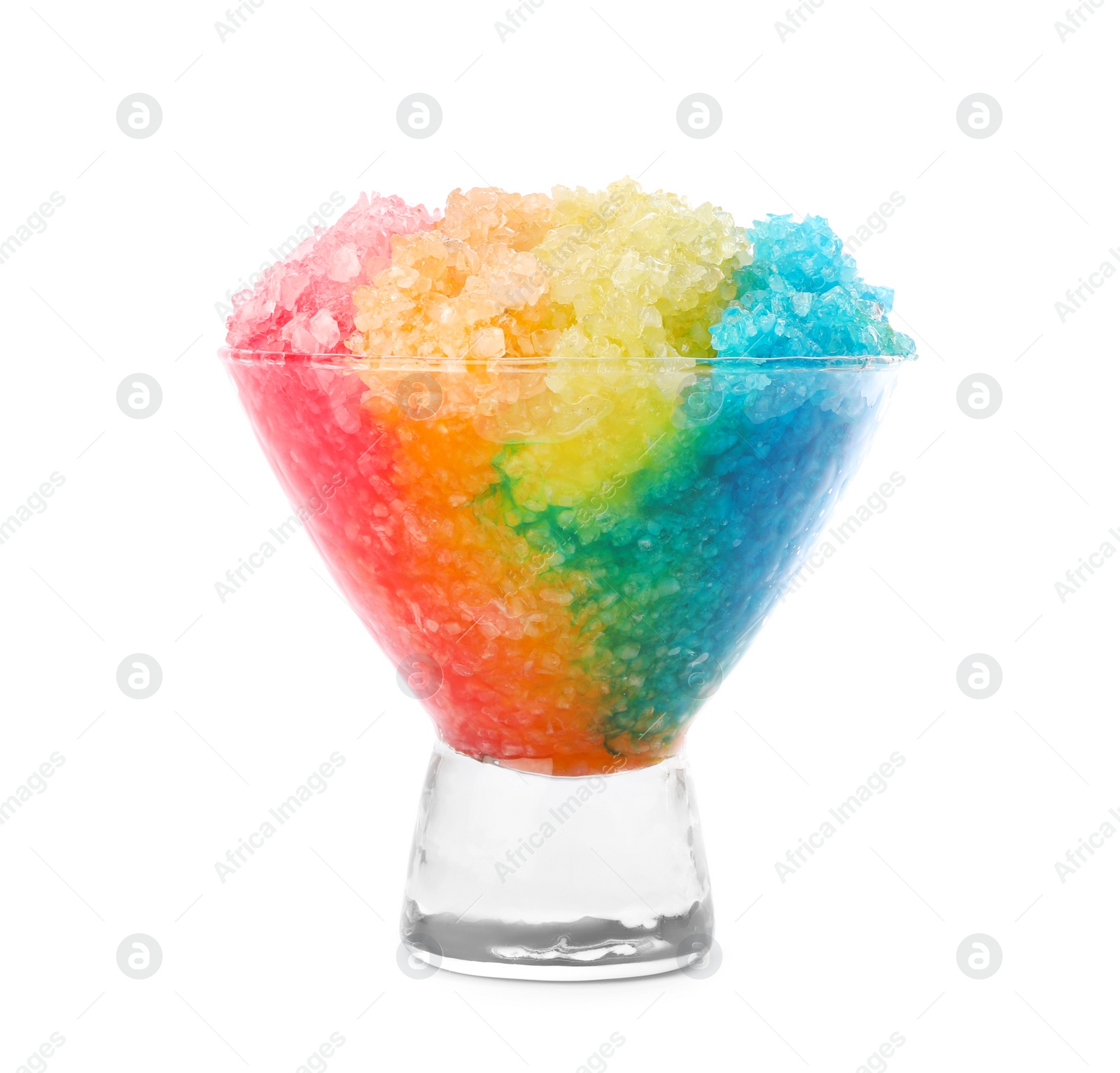 Photo of Rainbow shaving ice in glass dessert bowl isolated on white