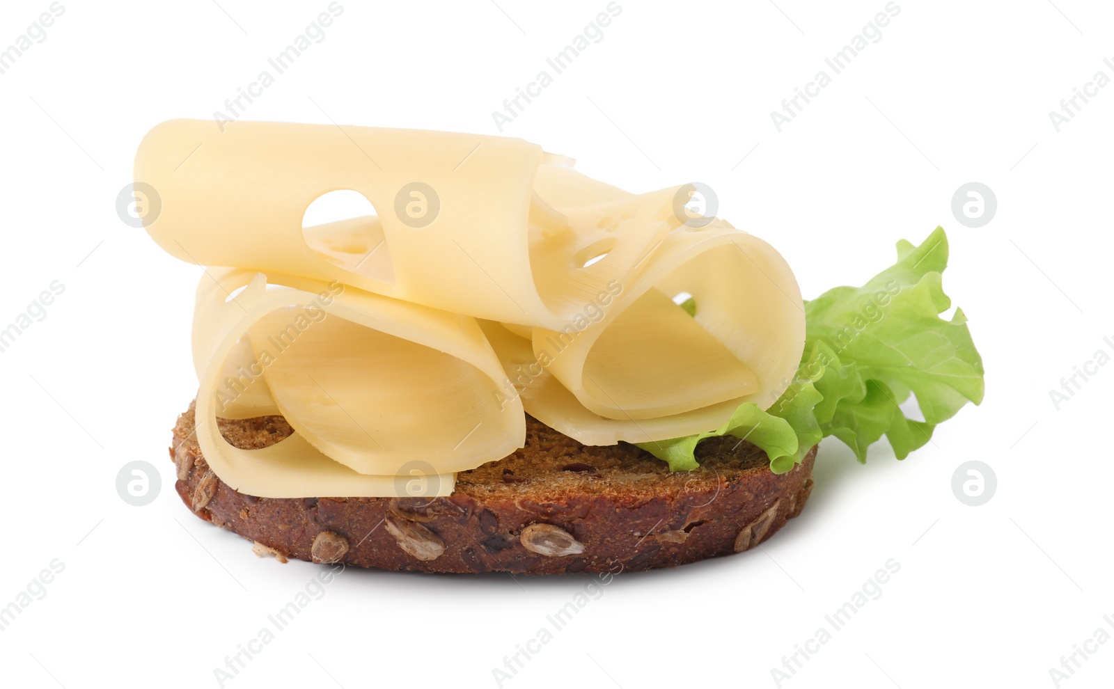 Photo of Tasty sandwich with slices of fresh cheese and lettuce isolated on white