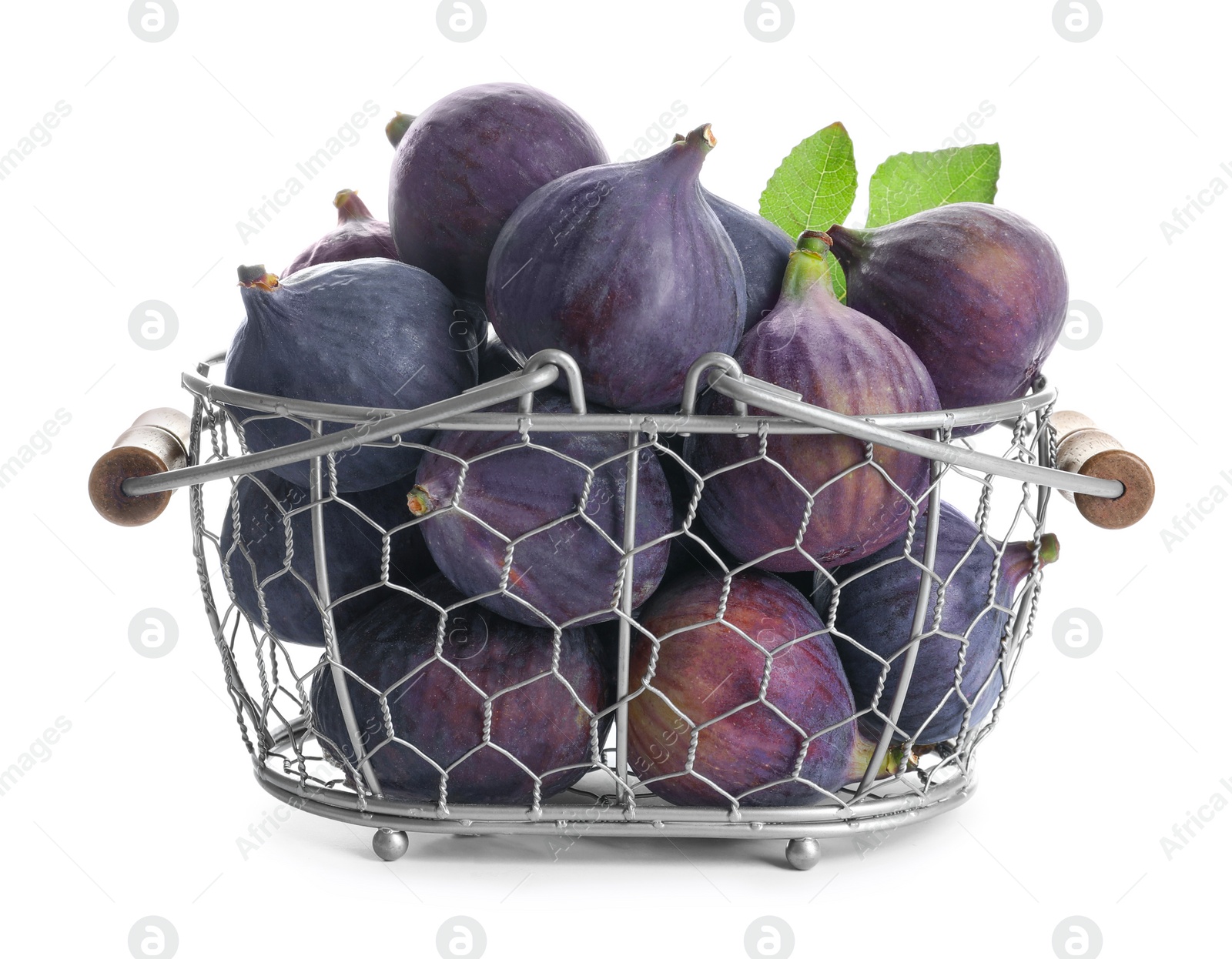 Photo of Basket with whole purple figs on white background