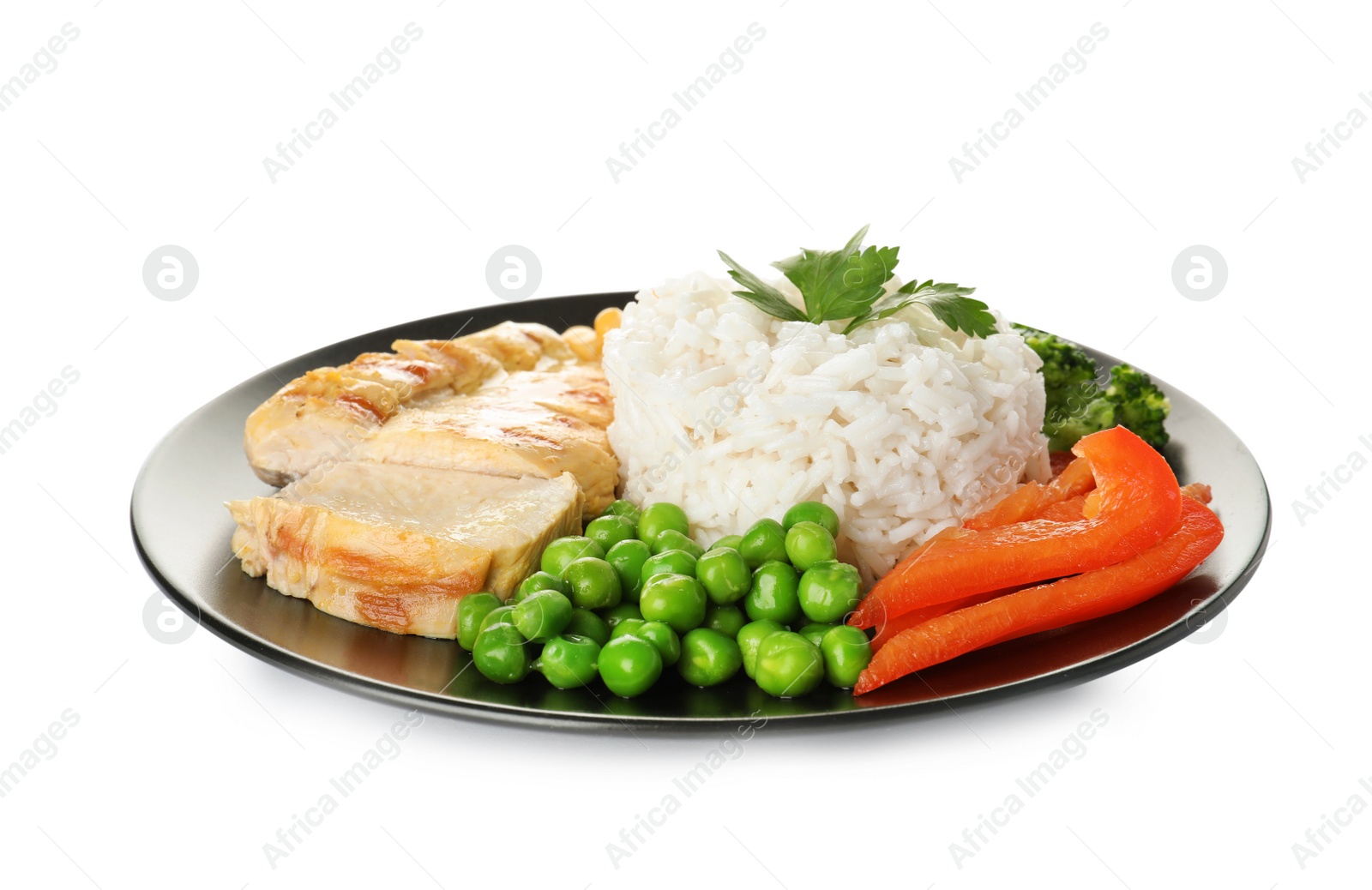 Photo of Plate with tasty rice, vegetables and meat on white background