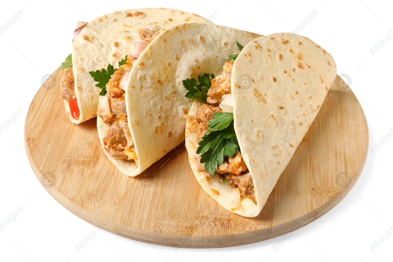 Photo of Delicious tacos with meat and parsley isolated on white