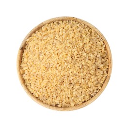 Photo of Raw bulgur in bowl isolated on white, top view