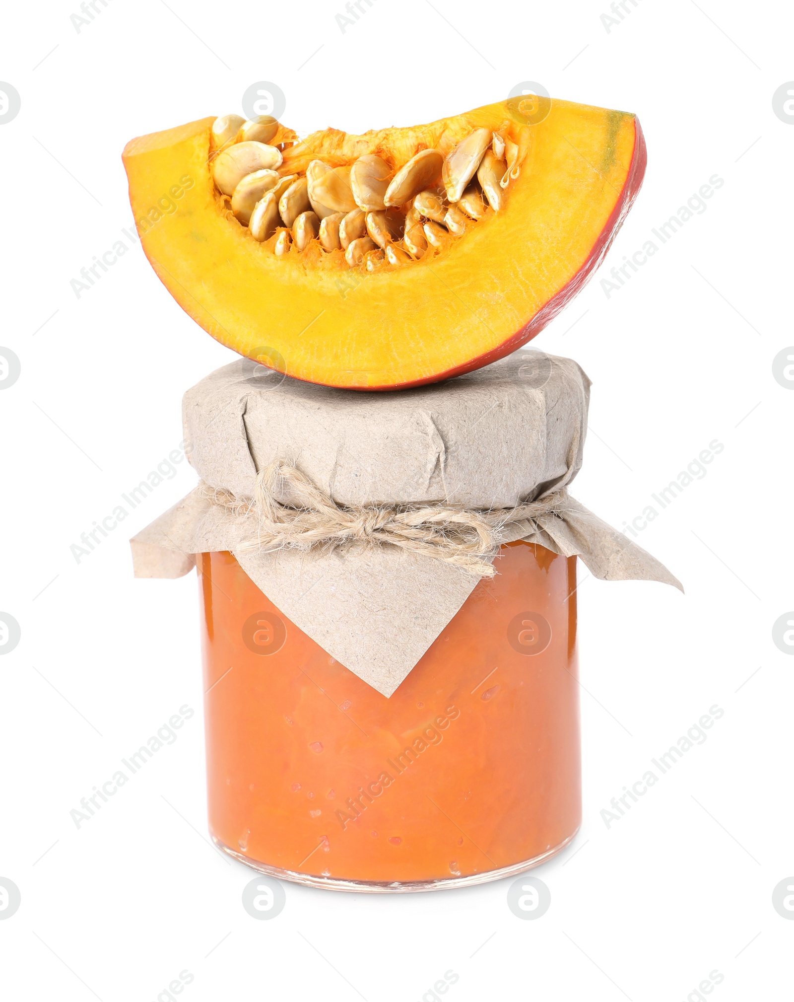 Photo of Jar of pumpkin jam and fresh pumpkin on white background