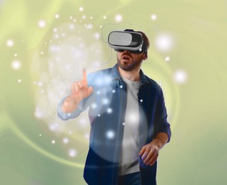 Image of Innovation idea. Man using VR headset. Lights and body outline symbolizing digital reality