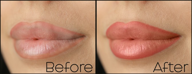 Collage with photos of young woman before and after permanent lip makeup, closeup. Banner design