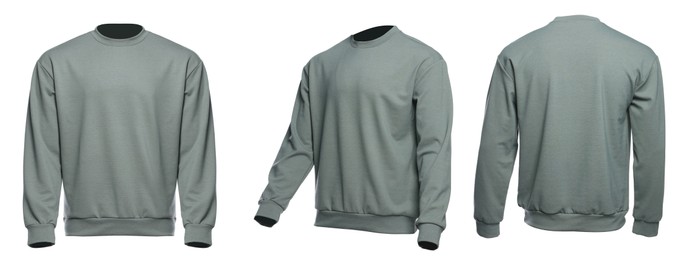 Grey sweater isolated on white, back and front. Mockup for design