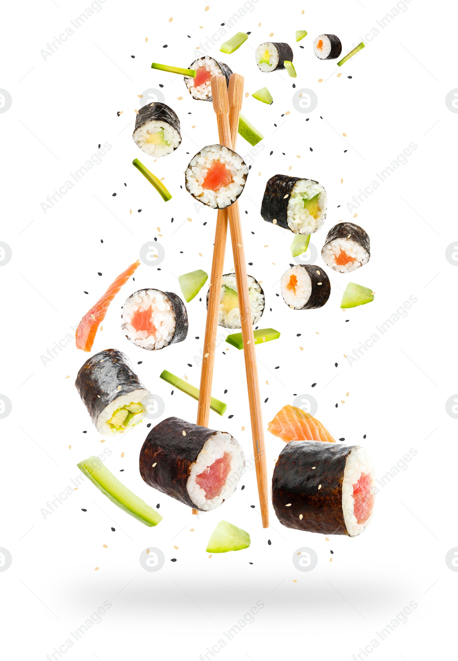 Image of Sushi rolls and wooden chopsticks flying on white background