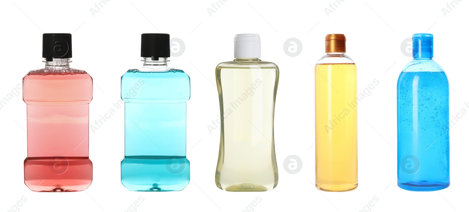 Image of Set with different bottles of personal hygiene products on white background. Banner design