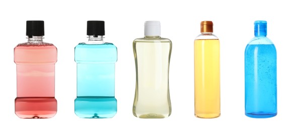 Image of Set with different bottles of personal hygiene products on white background. Banner design