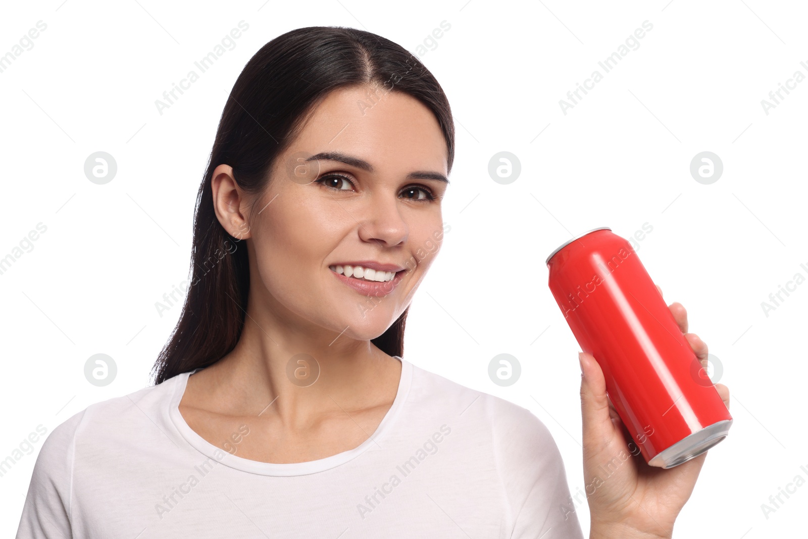 Photo of Beautiful young woman holding tin can with beverage on white background