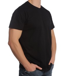 Man wearing black t-shirt on white background, closeup. Mockup for design