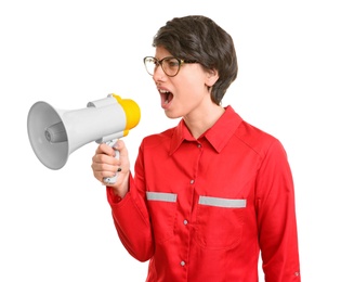 Photo of Young female doctor shouting into megaphone on white background