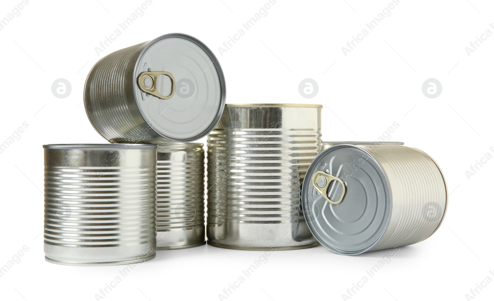 Photo of Closed tin cans isolated on white, mockup for design