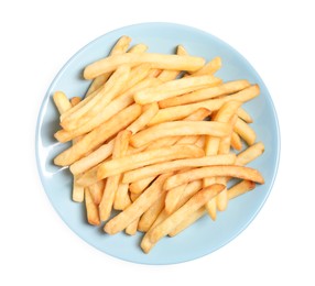 Photo of Plate of delicious french fries on white background, top view
