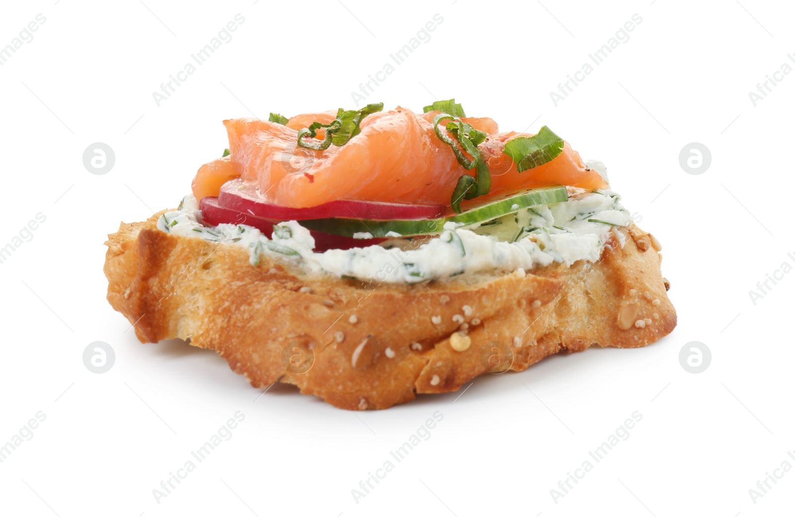 Photo of Tasty canape with salmon, cucumber, radish and cream cheese isolated on white