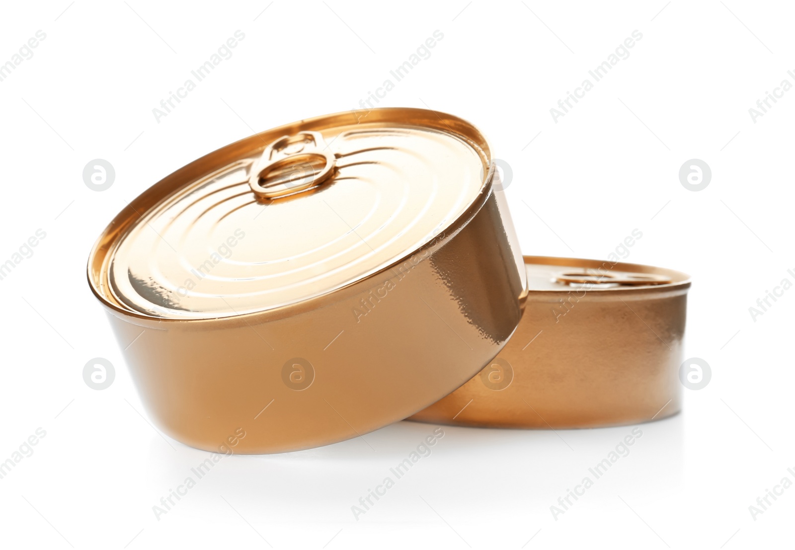 Photo of Mockup of tin cans with food on white background