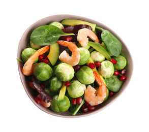 Photo of Tasty salad with Brussels sprouts in bowl isolated on white, top view