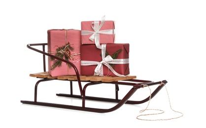 Sleigh with Christmas gifts isolated on white