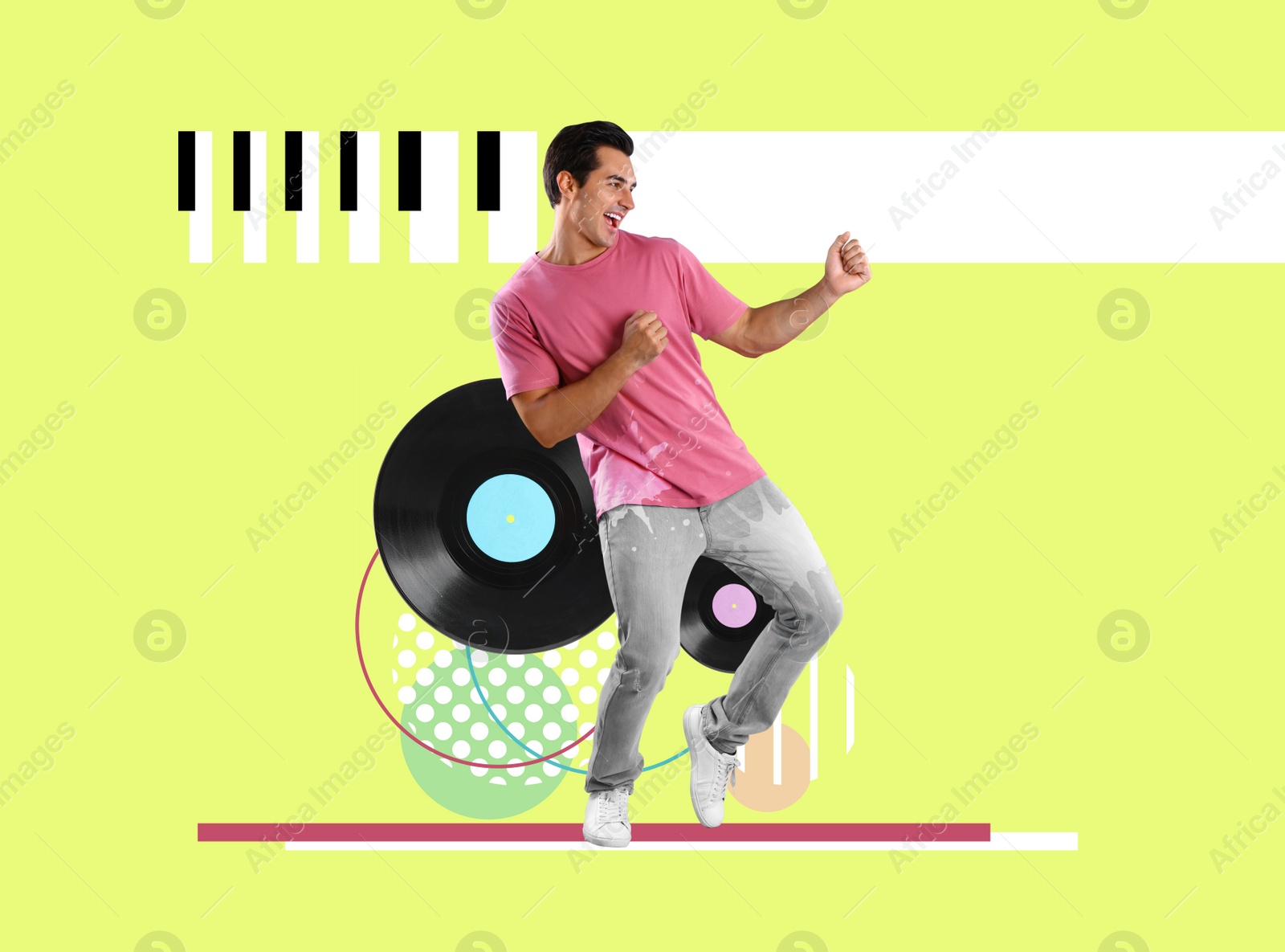 Image of Handsome young man dancing on yellowish green background. Bright creative design