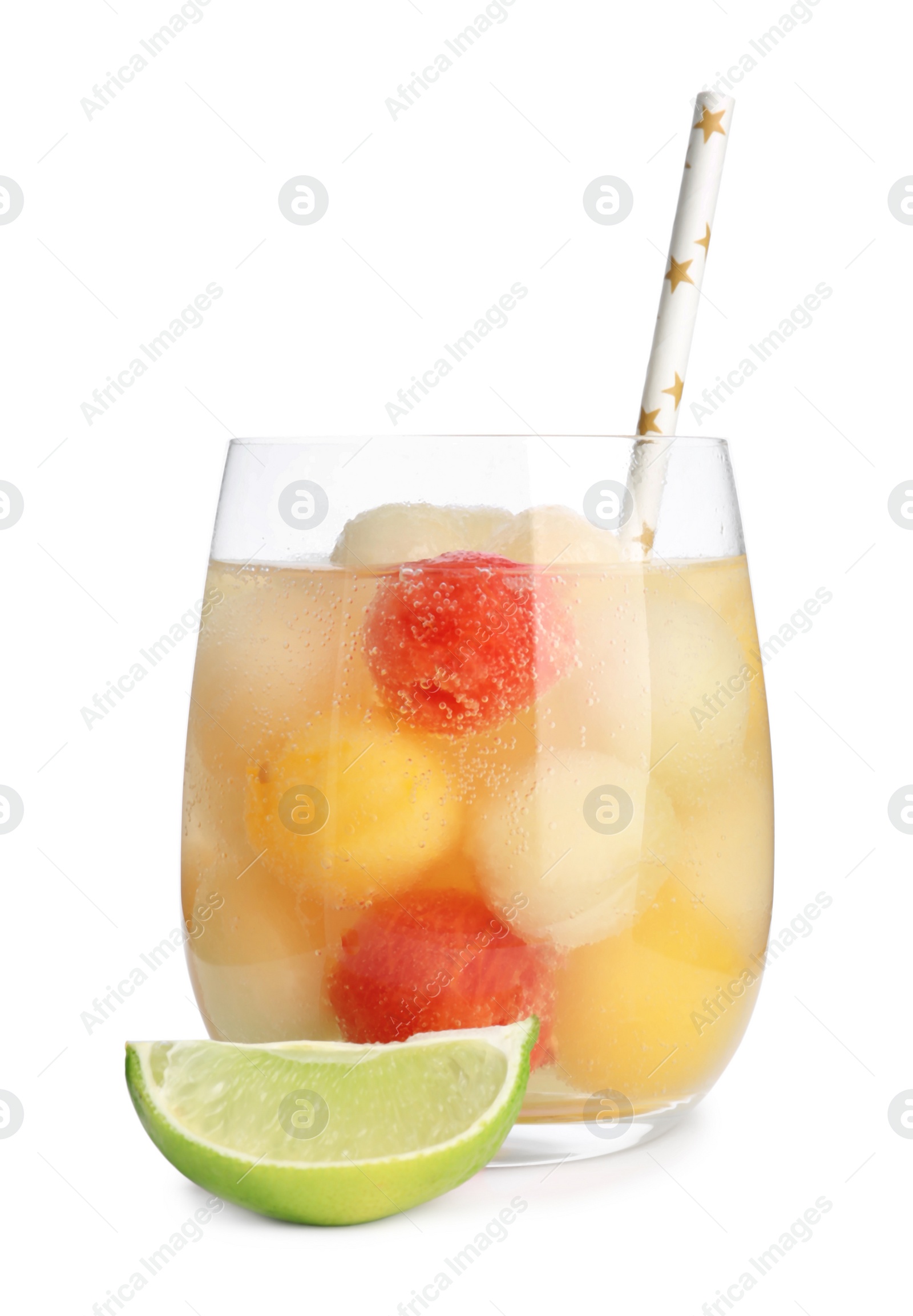 Photo of Glass of melon and watermelon ball cocktail with lime on white background