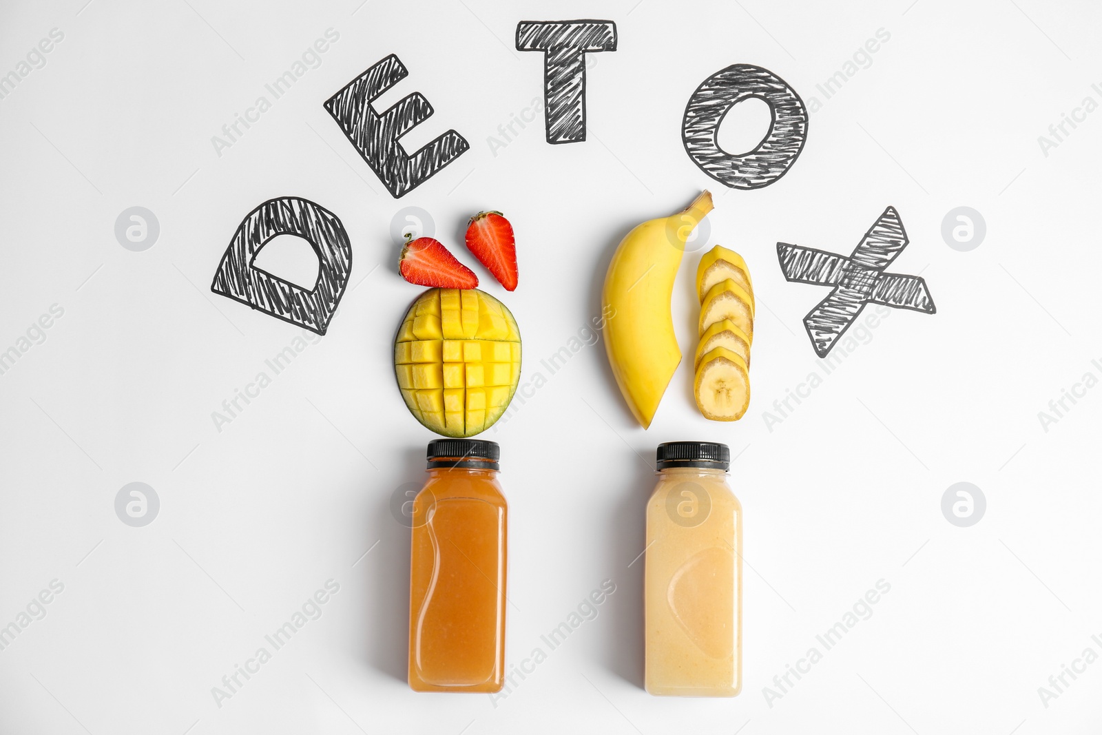 Photo of Flat lay composition with word DETOX, healthy smoothies and ingredients on light background