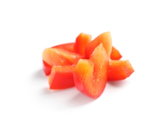 Photo of Slices of ripe red bell pepper on white background