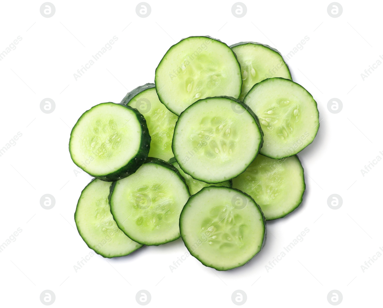 Photo of Slices of cucumbers on white background, top view