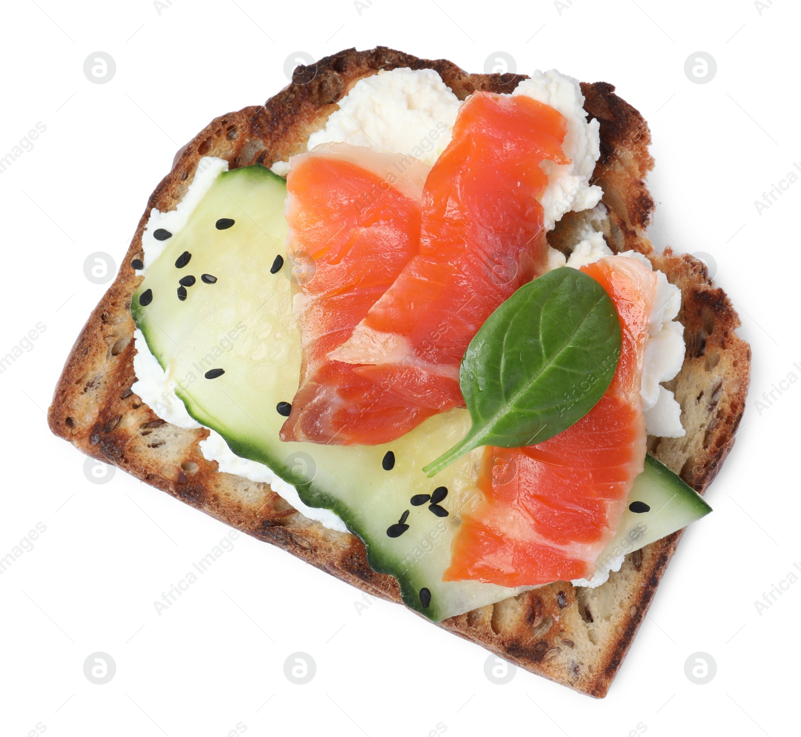 Photo of Delicious sandwich with cream cheese, salmon, cucumber and spinach isolated on white, top view