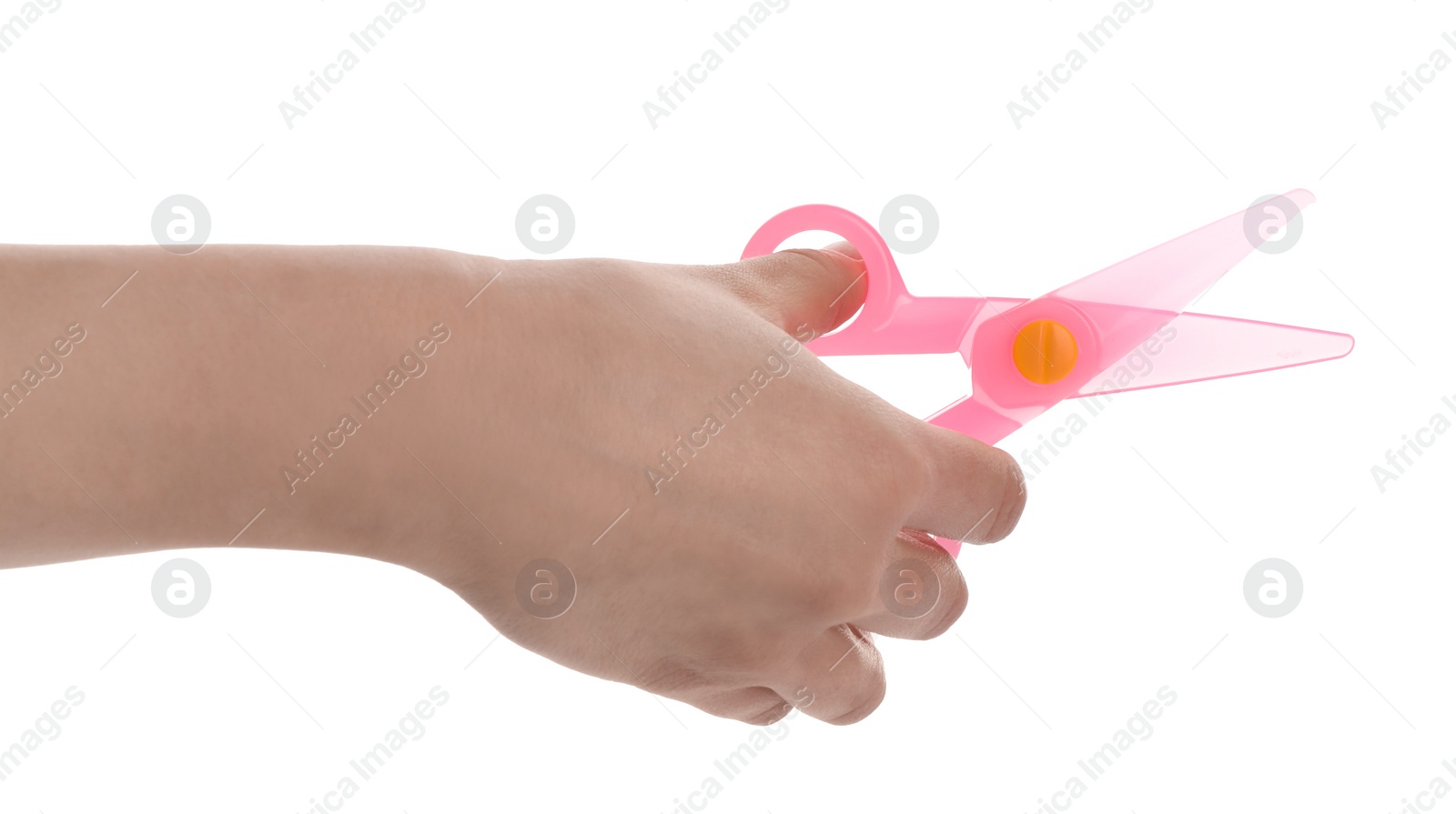 Photo of Woman holding colorful plastic scissors on white background, closeup