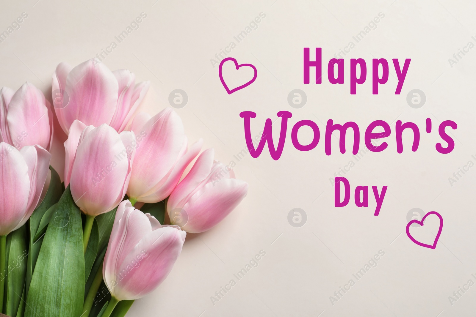 Image of Beautiful tulips on light background, top view. Happy Women's Day
