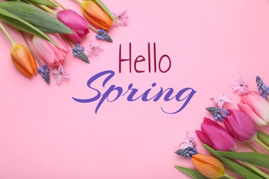 Image of Hello Spring card. Beautiful flowers on pink background, flat lay