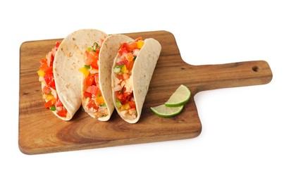 Photo of Delicious tacos with vegetables isolated on white