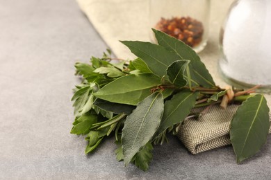 Aromatic bay leaves and different herbs on light gray table