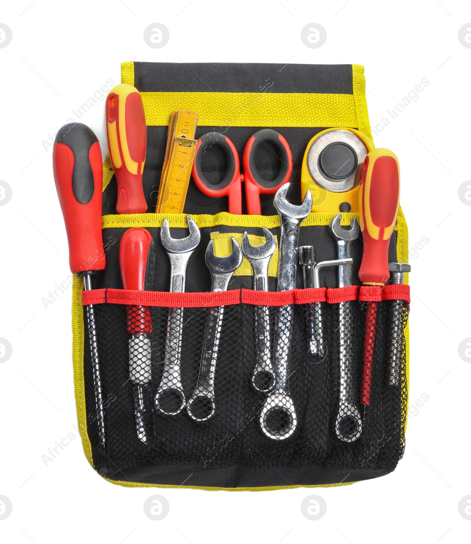 Photo of Bag with different tools isolated on white, top view
