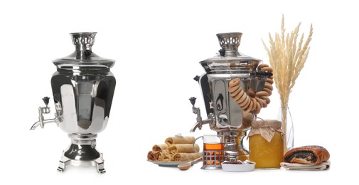 Traditional Russian samovars and treats on white background, collage. Banner design