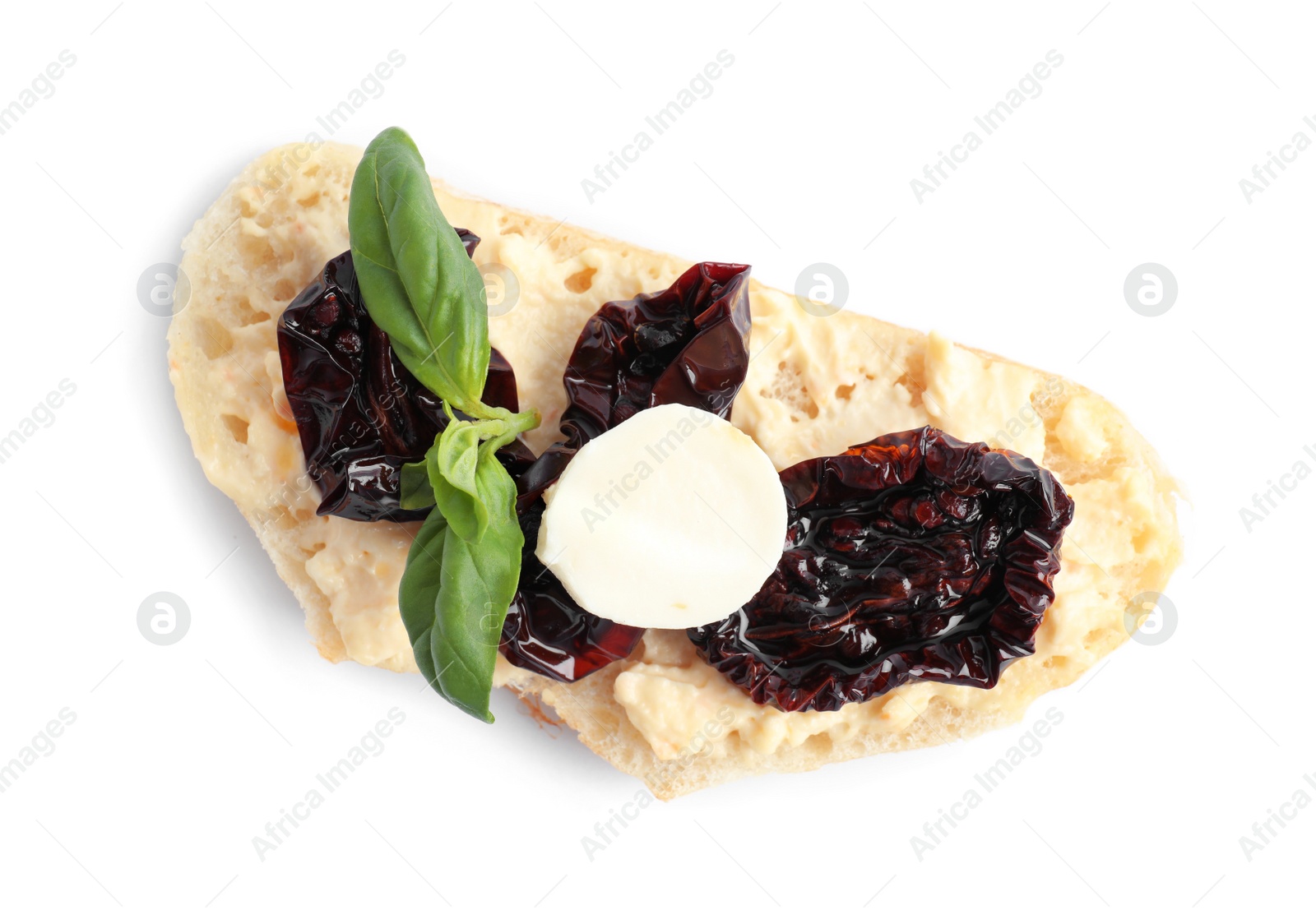 Photo of Delicious tomato bruschetta on white background, top view