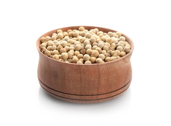 Photo of Wooden bowl with pepper grains on white background