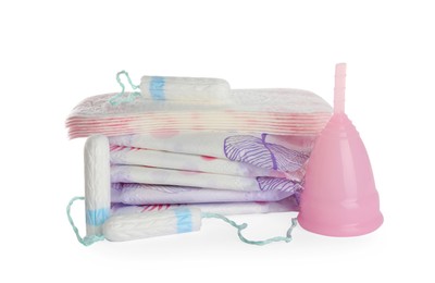 Photo of Menstrual pads and other hygiene products on white background. Gynecological care