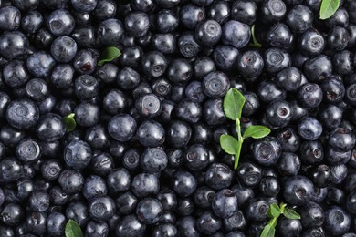 Photo of Many delicious ripe bilberries and green leaves as background, top view