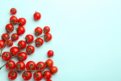 Branches with fresh cherry tomatoes on light blue background, flat lay. Space for text