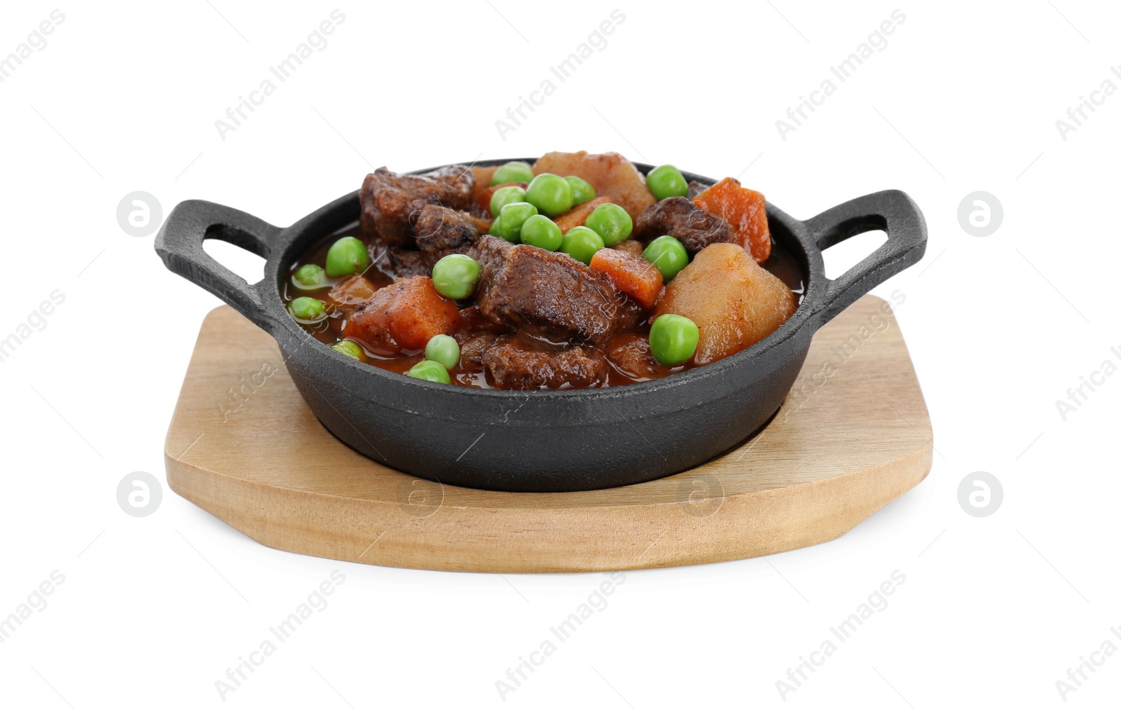 Photo of Delicious beef stew with carrots, peas and potatoes on white background