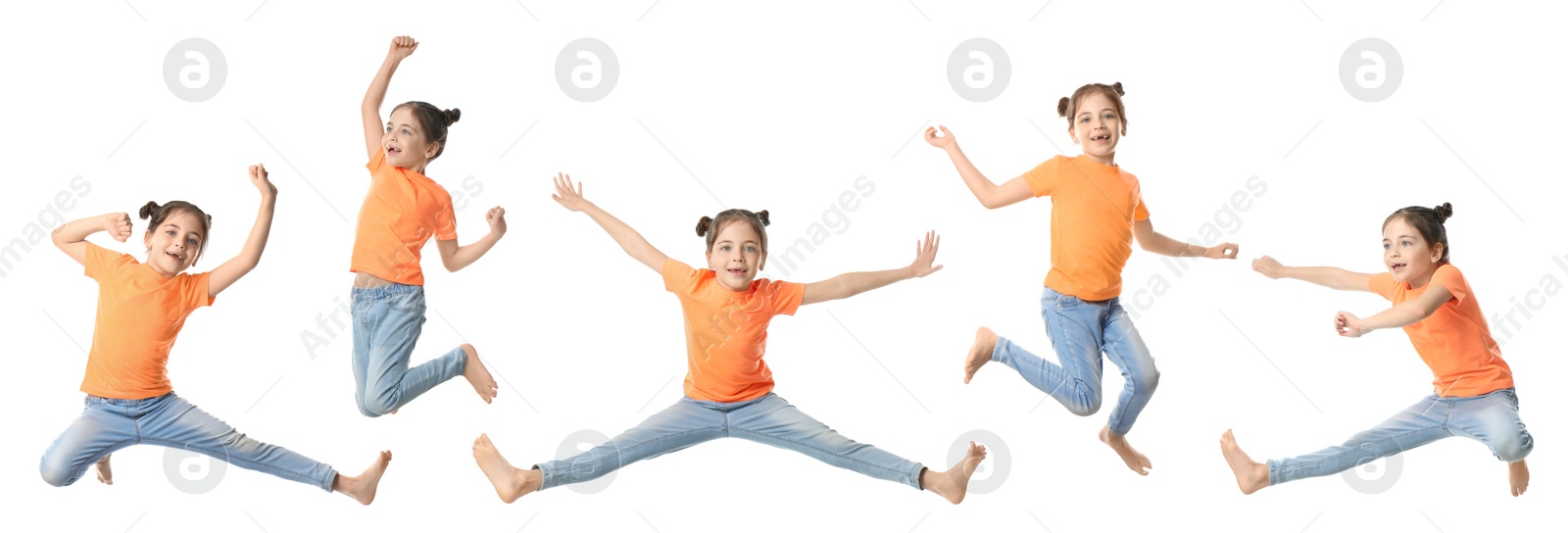 Image of Cute little girl jumping on white background, collage. Banner design