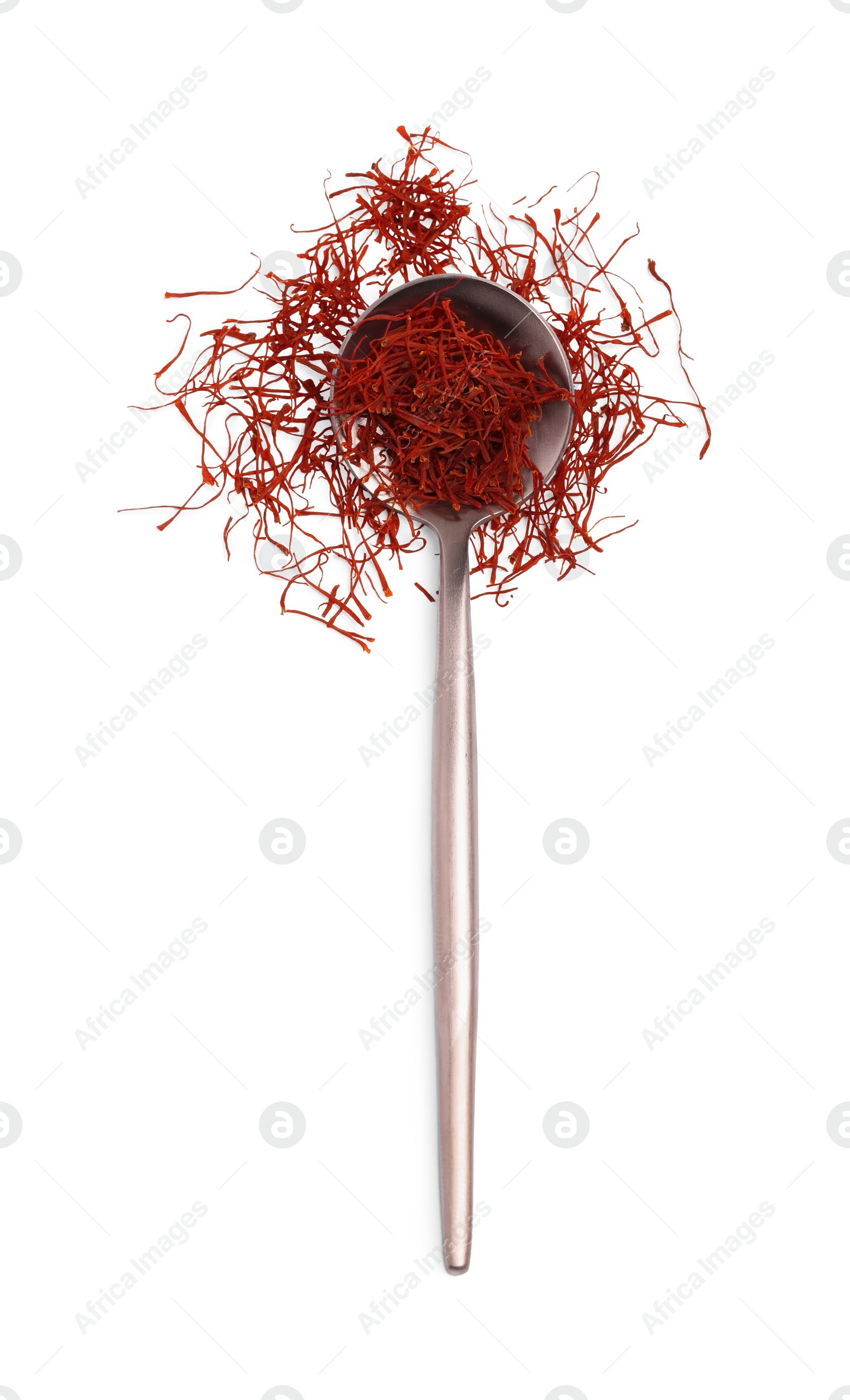 Photo of Spoon of dried red saffron isolated on white, top view