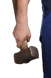 Man with sledgehammer on white background, closeup