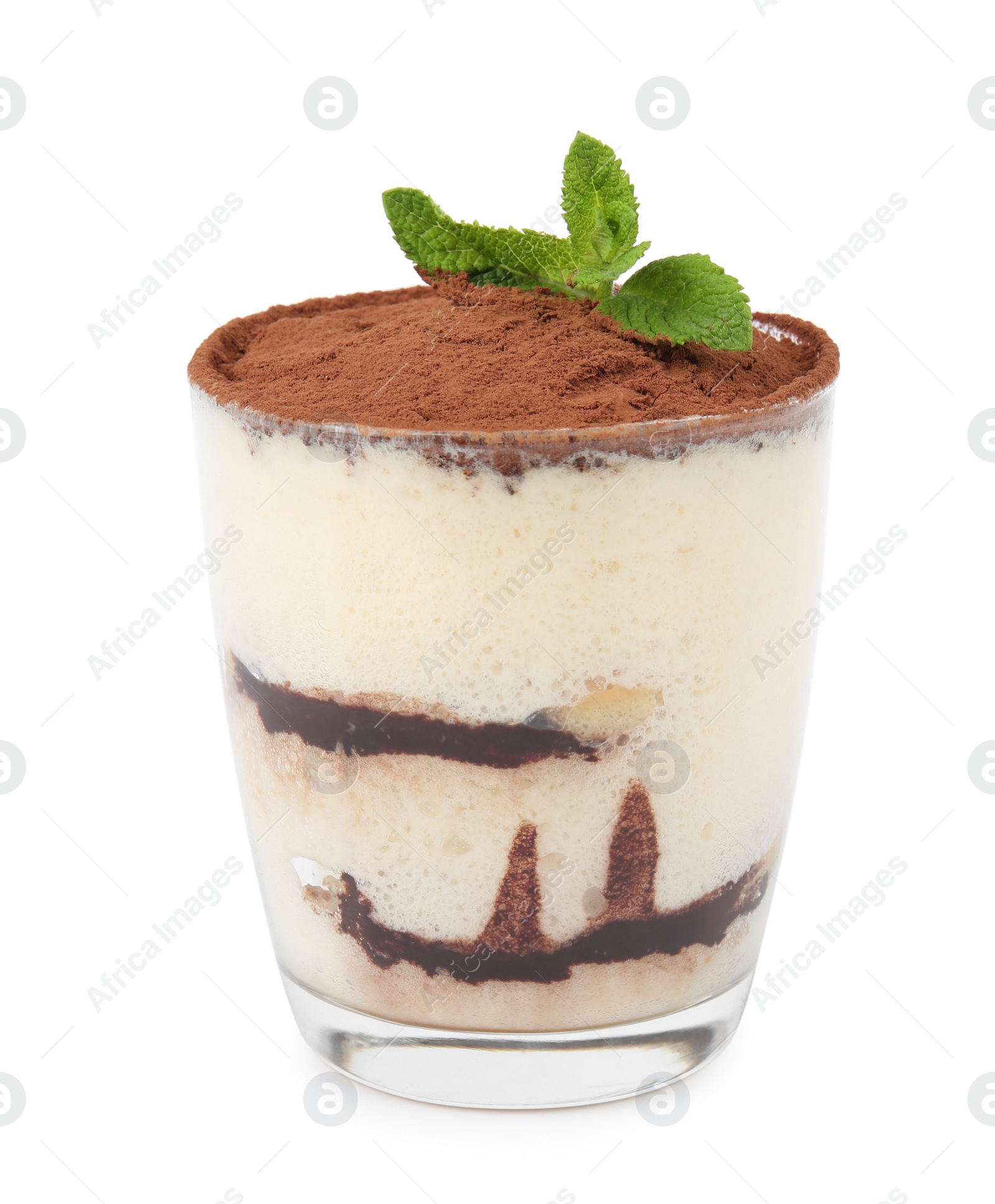 Photo of Delicious tiramisu cake in glass with mint isolated on white